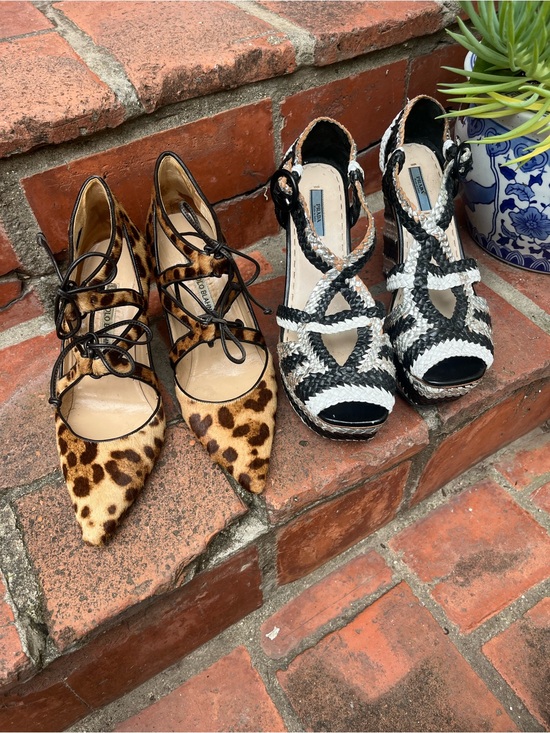 Prada Shoes - 2 pairs, Prada silver black wedges and Manolo Blahnik pony hair tie pumps